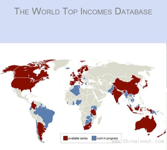 皮克迪全球收入状况研究数据库进展图，红色代表有系列数据的国家和地区，蓝色代表正在搜集数据国家和地区。发达国家数据完整度远远打过去发展中国家。图片截图来自http://topincomes.g-mond.parisschoolofeconomics.eu/