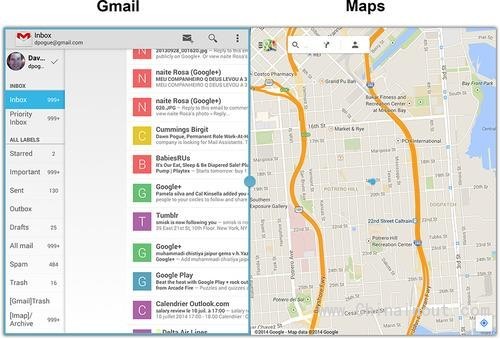 Screen split between Gmail and Maps